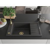 Mexen Elias évier en granit à 1 bac avec égouttoir 795 x 480 mm, noir moucheté, siphon doré - 6511791005-76-G