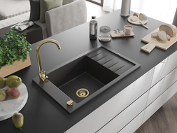 Mexen Elias évier en granit à 1 cuve avec égouttoir 795 x 480 mm, Noir moucheté, siphon Or - 6511791005-76-G