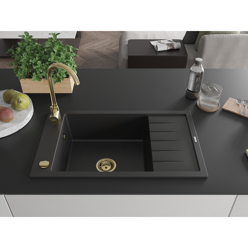 Mexen Elias évier en granit à 1 bac avec égouttoir 795 x 480 mm, noir, siphon doré - 6511791005-77-G