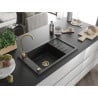 Mexen Elias évier en granit à 1 bac avec égouttoir 795 x 480 mm, noir, siphon doré - 6511791005-77-G