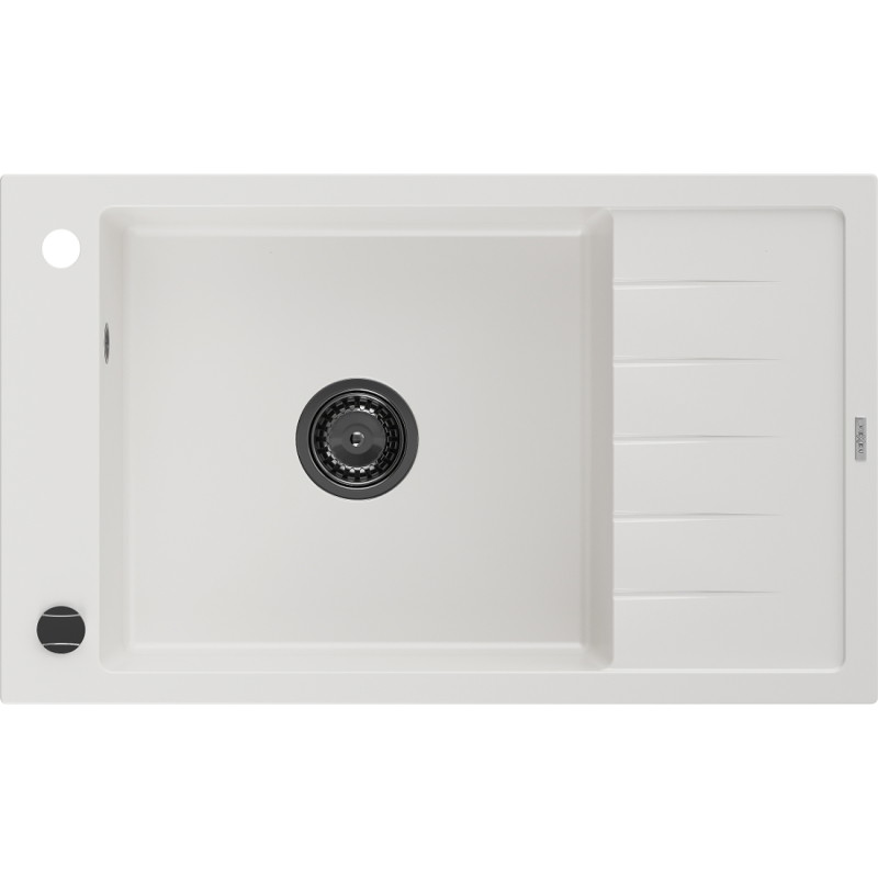 Mexen Elias évier en granit 1 bac avec égouttoir 795 x 480 mm, blanc, siphon noir - 6511791005-20-B