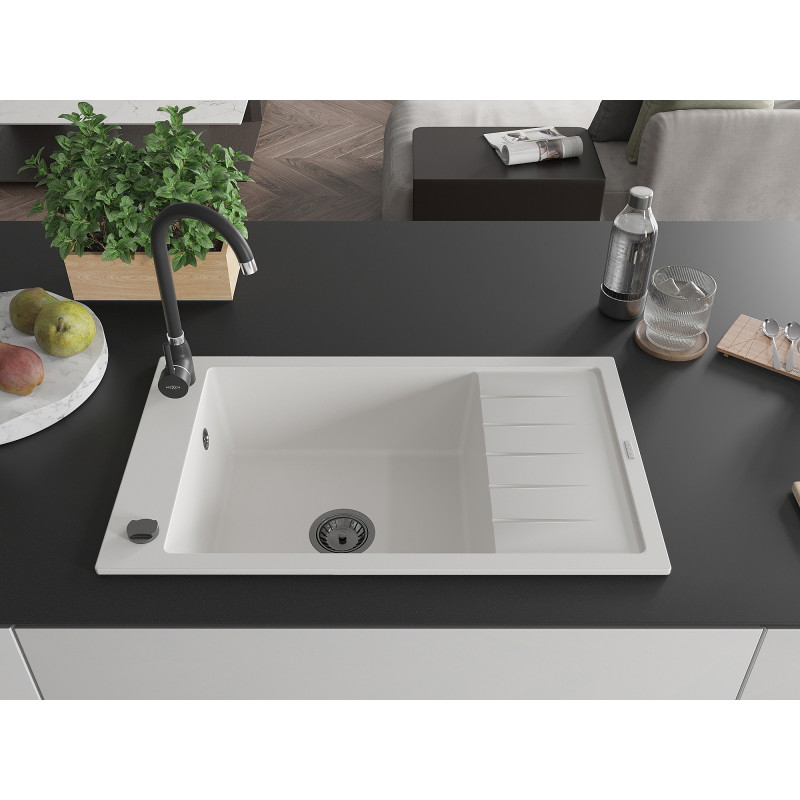 Mexen Elias évier en granit 1 bac avec égouttoir 795 x 480 mm, blanc, siphon noir - 6511791005-20-B