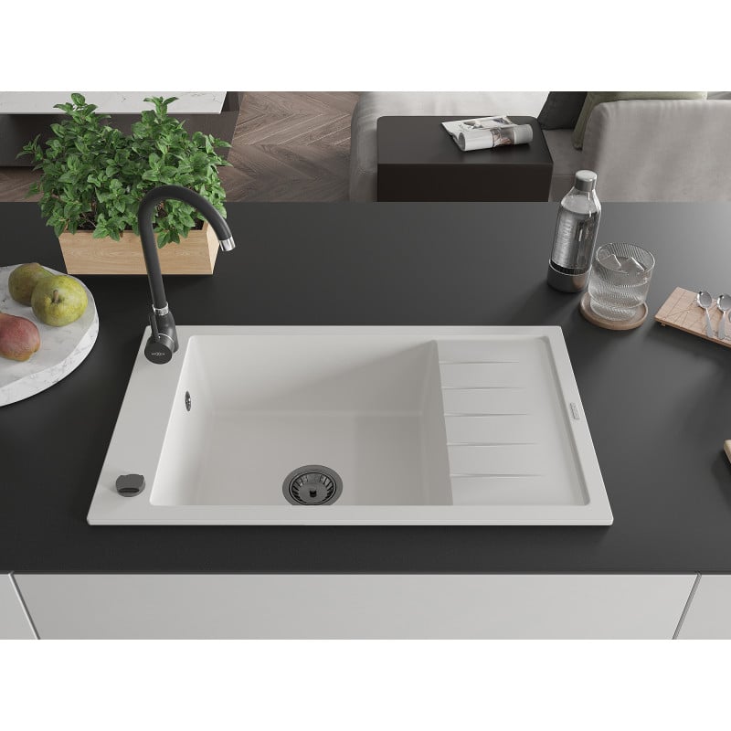 Mexen Elias évier en granit 1 cuve avec égouttoir 795 x 480 mm, blanc, siphon noir - 6511791005-20-B