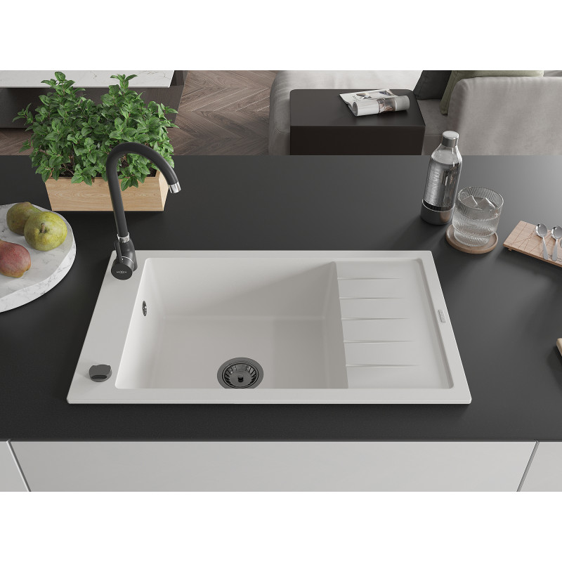 Mexen Elias évier en granit à 1 bac avec égouttoir 795 x 480 mm, blanc, siphon noir - 6511791005-20-B