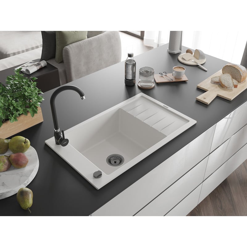Mexen Elias évier en granit 1 cuve avec égouttoir 795 x 480 mm, blanc, siphon noir - 6511791005-20-B