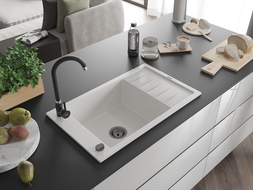 Mexen Elias évier en granit à 1 cuve avec égouttoir 795 x 480 mm, Blanc, siphon Noir - 6511791005-20-B