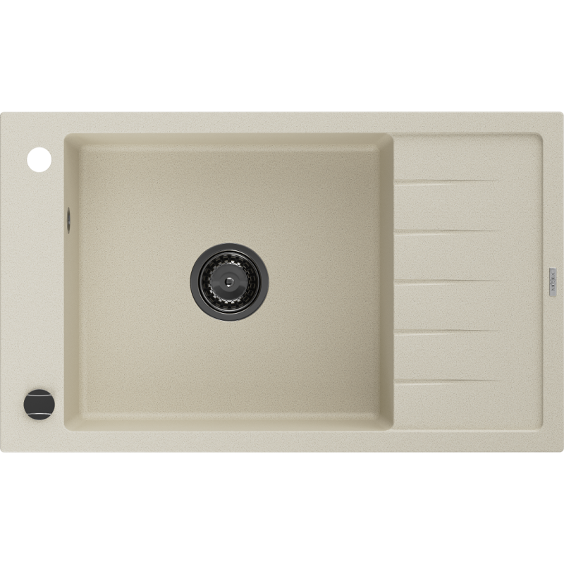 Mexen Elias évier en granit à 1 bac avec égouttoir 795 x 480 mm, beige, siphon noir - 6511791005-69-B