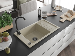 Mexen Elias évier en granit à 1 bac avec égouttoir 795 x 480 mm, beige, siphon noir - 6511791005-69-B