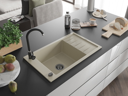 Mexen Elias évier en granit à 1 cuve avec égouttoir 795 x 480 mm, Beige, siphon Noir - 6511791005-69-B