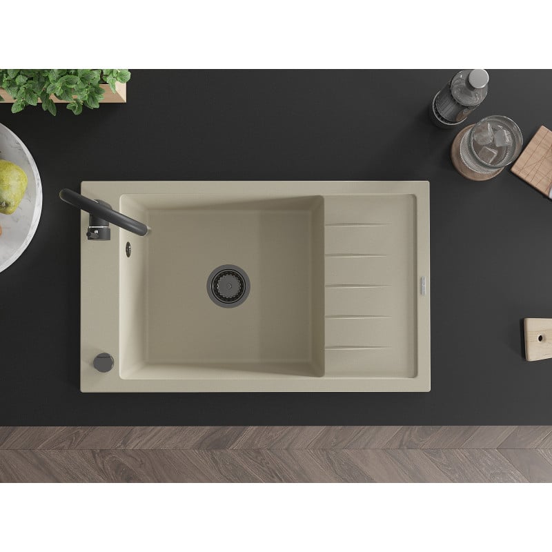 Mexen Elias évier en granit 1 bac avec égouttoir 795 x 480 mm, beige, siphon noir - 6511791005-69-B
