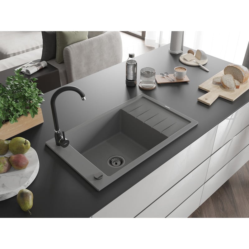 Mexen Elias évier en granit 1 bac avec égouttoir 795 x 480 mm, gris, siphon noir - 6511791005-71-B