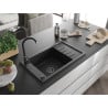 Mexen Elias évier en granit 1 bac avec égouttoir 795 x 480 mm, noir/métallisé argent, siphon noir - 6511791005-73-B