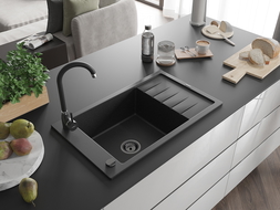 Mexen Elias évier en granit à 1 cuve avec égouttoir 795 x 480 mm, Noir/ Argent métallique, siphon Noir - 6511791005-73-B