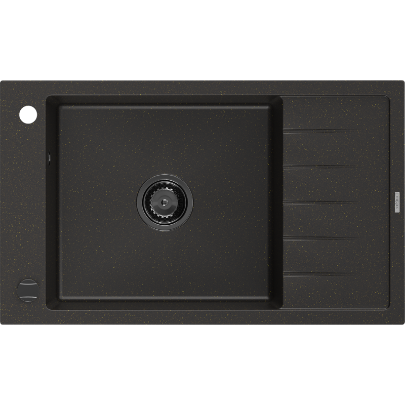 Mexen Elias évier en granit 1 bac avec égouttoir 795 x 480 mm, noir/doré métallisé, siphon noir - 6511791005-75-B