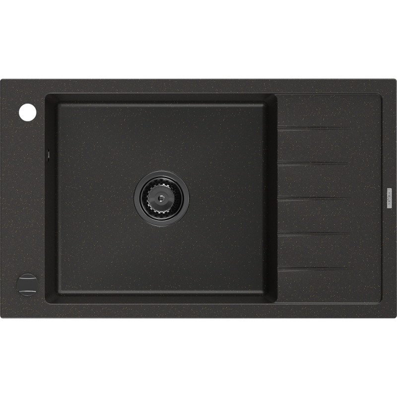 Mexen Elias Évier en granit à 1 bac avec égouttoir 795 x 480 mm, noir/doré métallique, siphon noir - 6511791005-75-B