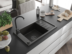 Mexen Elias évier en granit à 1 cuve avec égouttoir 795 x 480 mm, Noir/Or métallique, siphon Noir - 6511791005-75-B