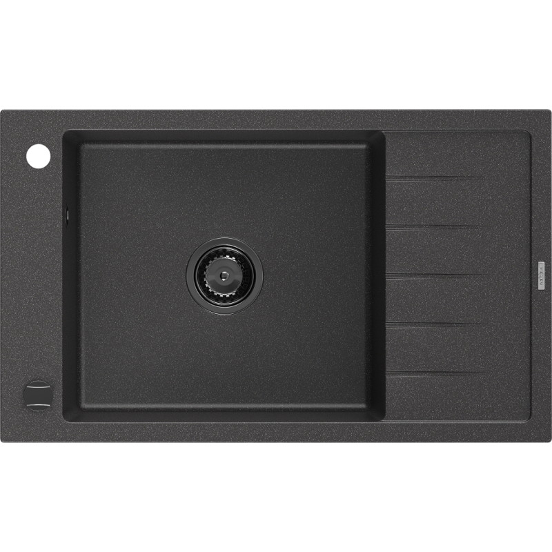 Mexen Elias évier en granit à 1 bac avec égouttoir 795 x 480 mm, noir moucheté, siphon noir - 6511791005-76-B