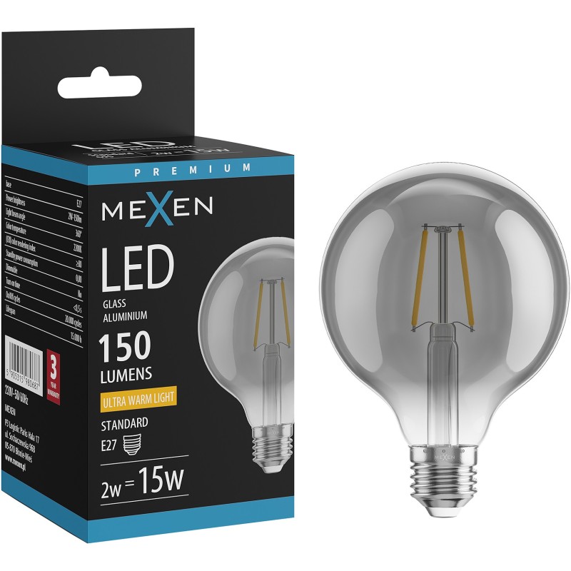 Mexen Vintis Ampoule filament LED E27, G95, 2W, Chaude - 2200K, 150 lm, fumée - L157-E27-0222-70