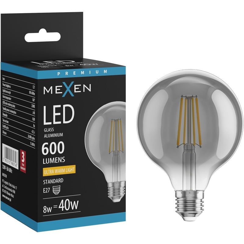 Mexen Vintis Ampoule LED filament E27, G95, 8W, Chaud - 2200K, 600 lm, fumé - L157-E27-0822-70
