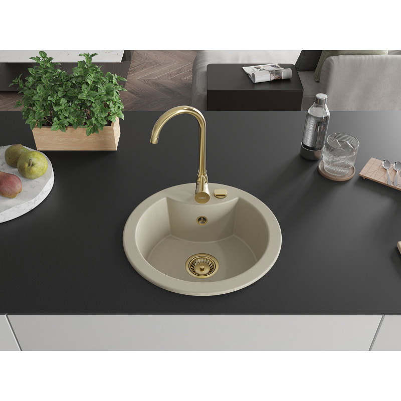 Mexen Diego évier en granit 1 bac 488 x 480 mm, beige, siphon doré - 6512481000-69-G