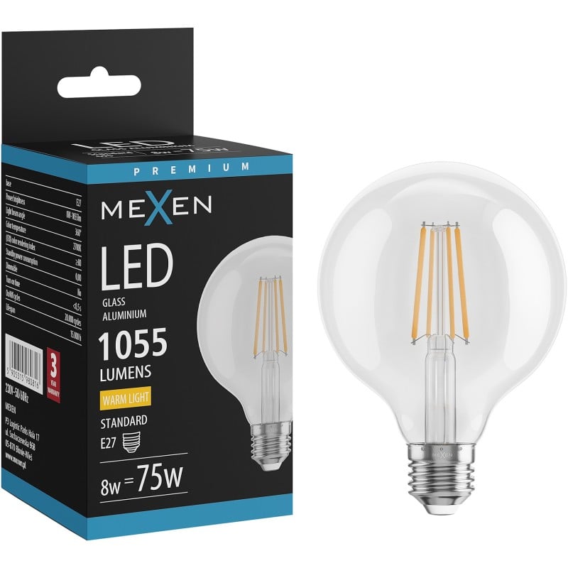 Mexen Vintis Ampoule filament LED E27, G95, 8W, Chaude - 2700K, 1055 lm, transparent - L157-E27-0827-00