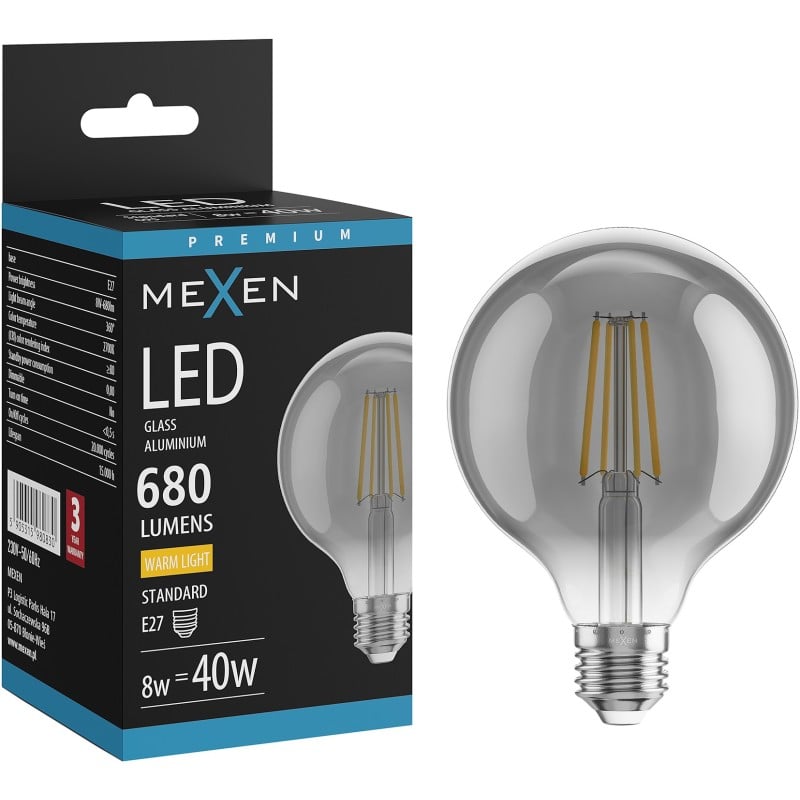 Mexen Vintis Ampoule à filament LED E27, G95, 8W, Chaude - 2700K, 680 lm, fumée - L157-E27-0827-70