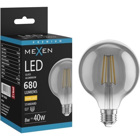 Mexen Vintis Ampoule à filament LED E27, G95, 8W, Chaude - 2700K, 680 lm, fumée - L157-E27-0827-70