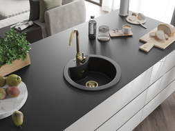 Mexen Diego évier en granit à 1 cuve 488 x 480 mm, Noir/ Argent métallique, siphon Or - 6512481000-73-G