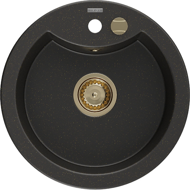 Mexen Diego évier en granit 1 bac 488 x 480 mm, noir/or métallisé, siphon doré - 6512481000-75-G