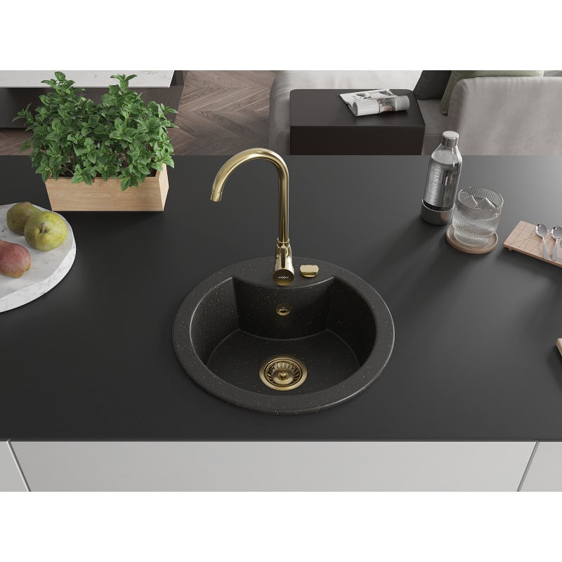 Mexen Diego évier en granit 1 bac 488 x 480 mm, noir/doré métallisé, siphon doré - 6512481000-75-G