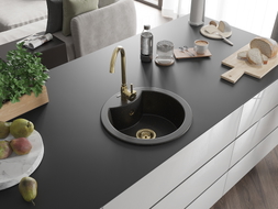 Mexen Diego évier en granit 1 bac 488 x 480 mm, noir/or métallisé, siphon doré - 6512481000-75-G
