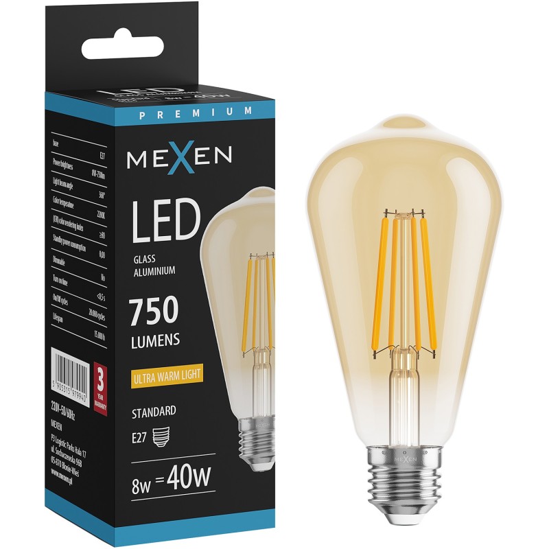 Mexen Vintis Ampoule LED à filament E27, ST64, 8W, Chaude - 2200K, 750 lm, ambre - L152-E27-0822-50