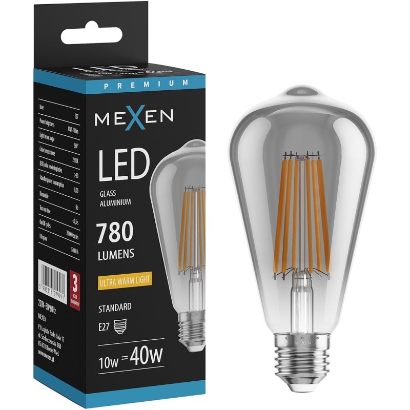 Mexen Vintis Ampoule filament LED E27, ST64, 10W, Chaude - 2200K, 780 lm, fumée - L152-E27-1022-70