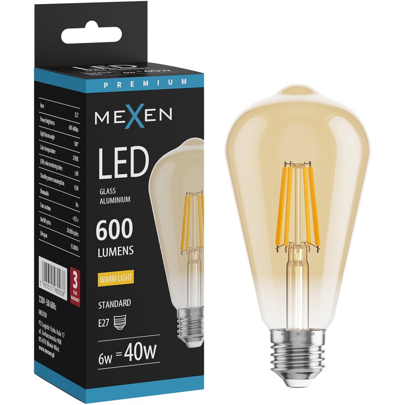 Mexen Vintis Ampoule filament LED E27, ST64, 6W, Chaude - 2700K, 600 lm, ambre - L152-E27-0627-50