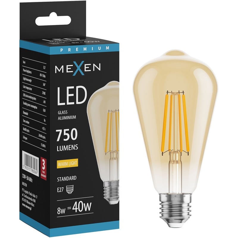 Mexen Vintis Ampoule filament LED E27, ST64, 8W, Chaude - 2700K, 750 lm, ambre - L152-E27-0827-50