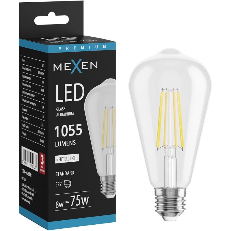 Mexen Vintis Ampoule filament LED E27, ST64, 8W, Neutre - 4000K, 1055 lm, transparent - L152-E27-0840-00