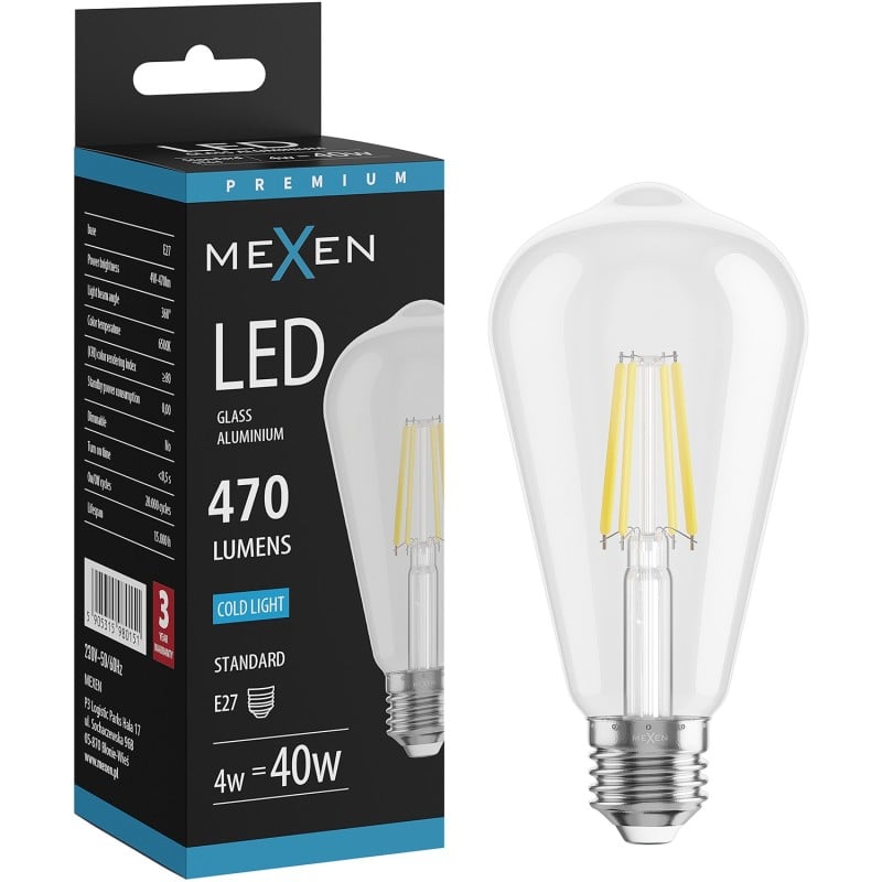 Mexen Vintis Ampoule LED filament E27, ST64, 4W, Froid - 6500K, 470 lm, clair - L152-E27-0465-00