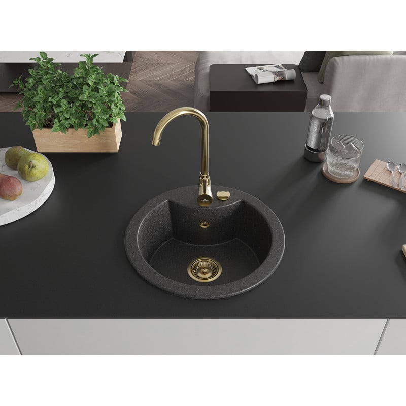 Mexen Diego évier en granit 1 bac 488 x 480 mm, noir moucheté, siphon doré - 6512481000-76-G