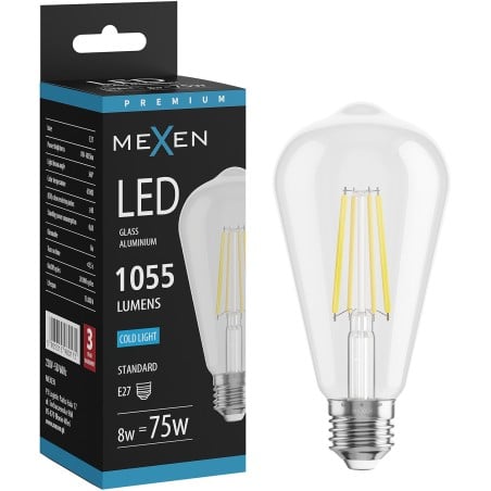 Mexen Vintis Ampoule filament LED E27, ST64, 8W, Froid - 6500K, 1055 lm, clair - L152-E27-0865-00