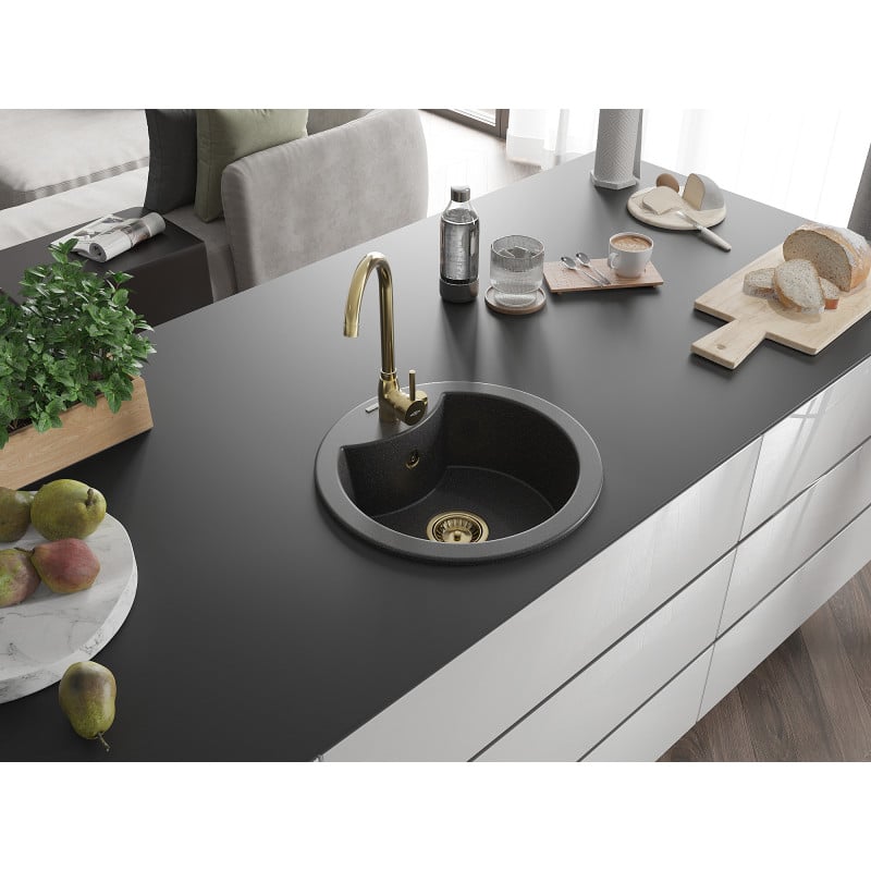 Mexen Diego évier en granit 1 bac 488 x 480 mm, noir moucheté, siphon doré - 6512481000-76-G