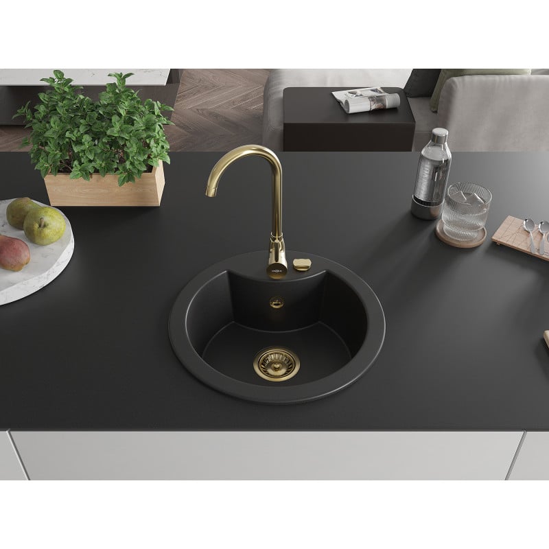Mexen Diego évier en granit à 1 bac 488 x 480 mm, noir, siphon doré - 6512481000-77-G