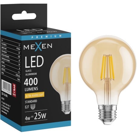 Mexen Vintis Ampoule à filament LED E27, G80, 4W, Chaud - 2700K, 400 lm, ambre - L155-E27-0427-50