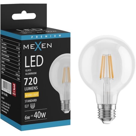 Mexen Vintis Ampoule LED à filament E27, G80, 6W, Chaude - 2700K, 720 lm, clair - L155-E27-0627-00