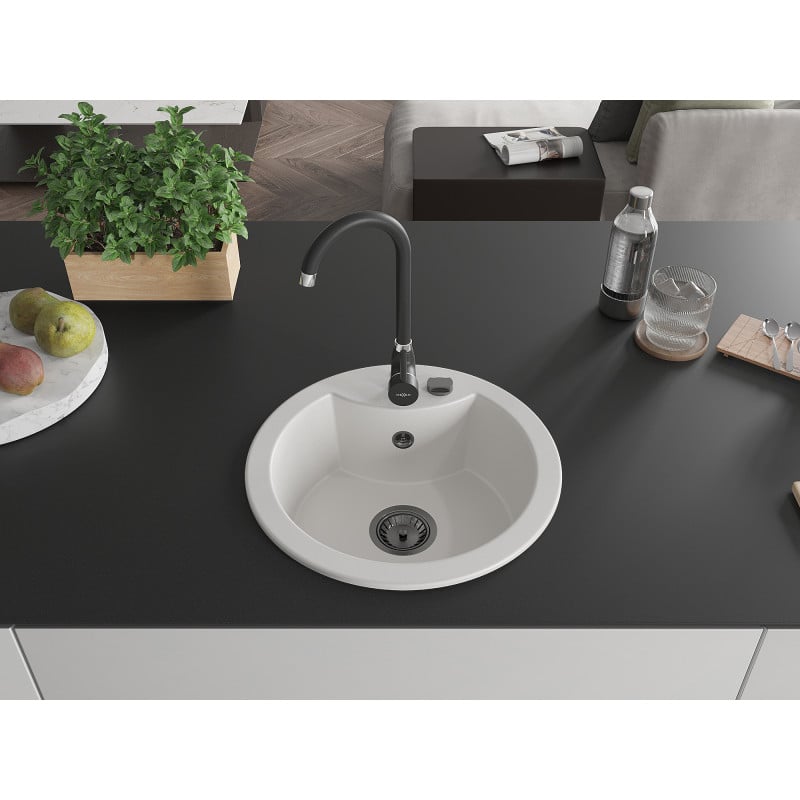 Mexen Diego évier en granit 1 bac 488 x 480 mm, blanc, siphon noir - 6512481000-20-B