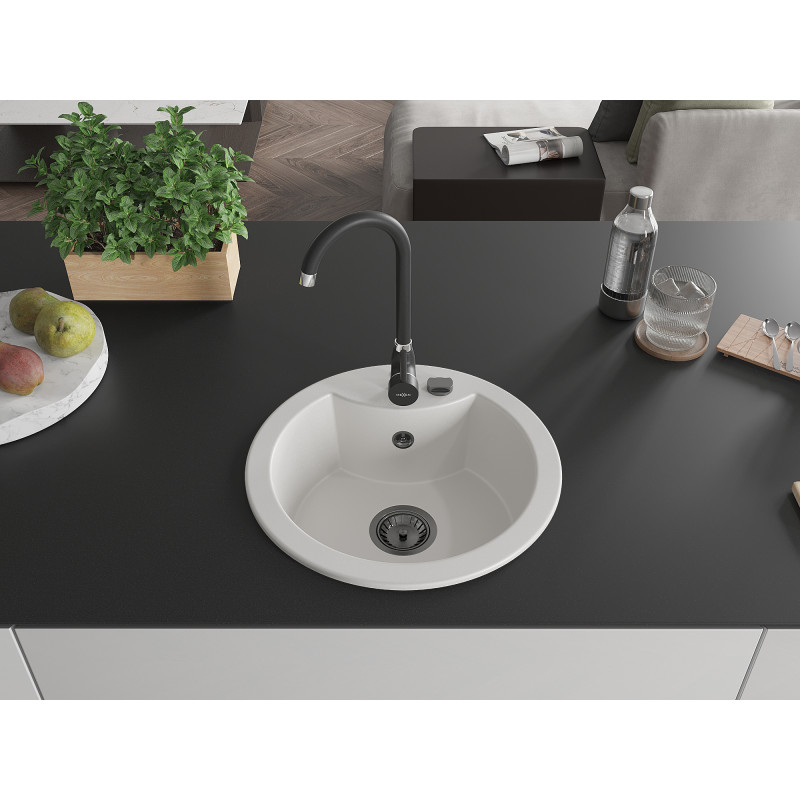 Mexen Diego évier en granit à 1 bac 488 x 480 mm, blanc, siphon noir - 6512481000-20-B