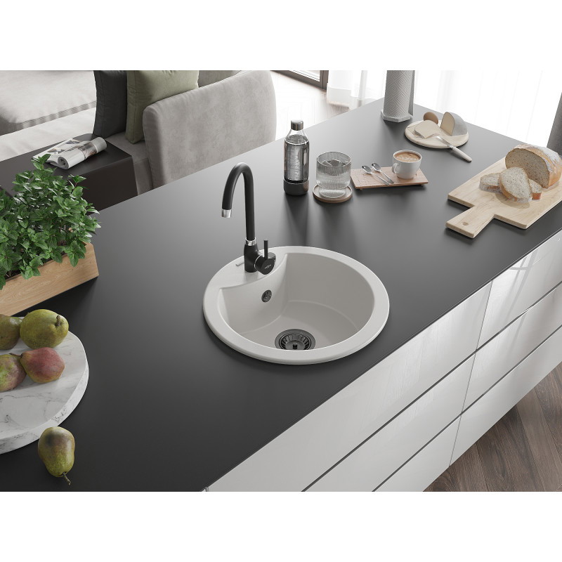 Mexen Diego évier en granit à 1 bac 488 x 480 mm, blanc, siphon noir - 6512481000-20-B
