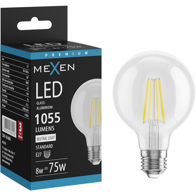 Mexen Vintis Ampoule filament LED E27, G80, 8W, Neutre - 4000K, 1055 lm, claire - L155-E27-0840-00
