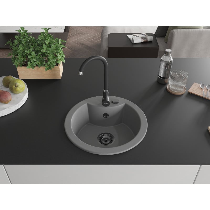 Mexen Diego évier en granit 1 bac 488 x 480 mm, gris, siphon noir - 6512481000-71-B