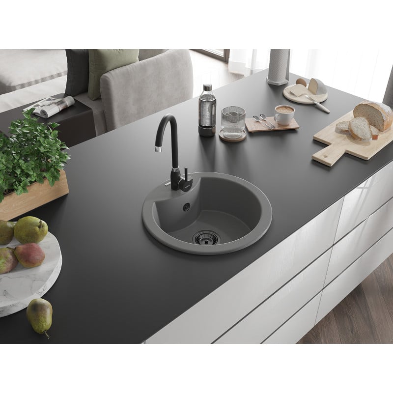 Mexen Diego évier en granit 1 bac 488 x 480 mm, gris, siphon noir - 6512481000-71-B