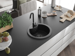 Mexen Diego évier en granit 1 bac 488 x 480 mm, noir/argent métallisé, siphon noir - 6512481000-73-B